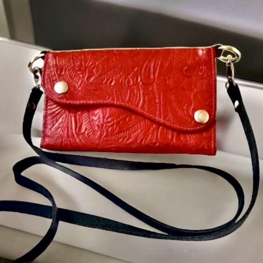 KAHLILA Red Tooled Leather Crossbody Wallet Purse Bag